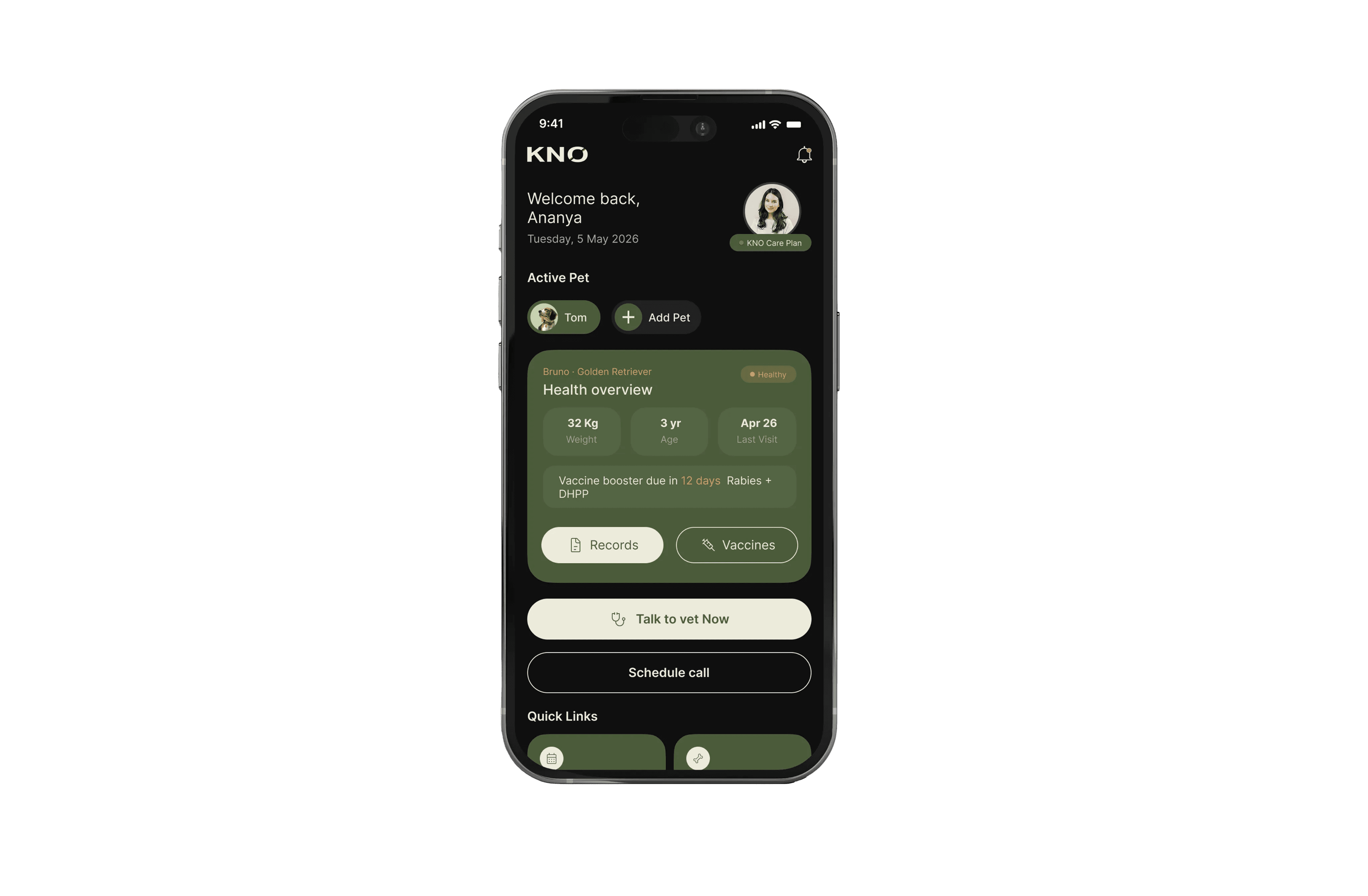 The KNO mobile app showing a pet health overview